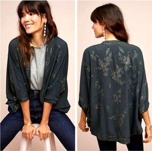 Akemi + Kin Ana Embroidered Cocoon Kimono Dark Green One Size